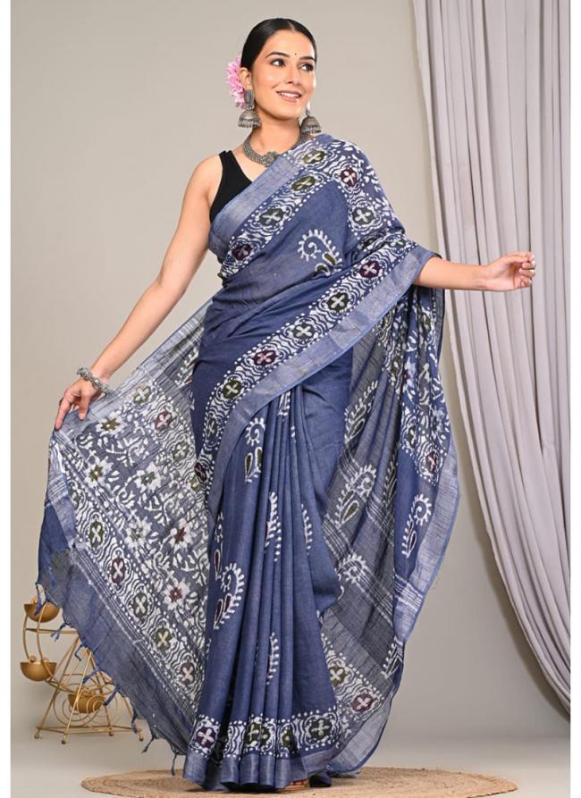 Cotton  Blue Daily Wear Printed Saree